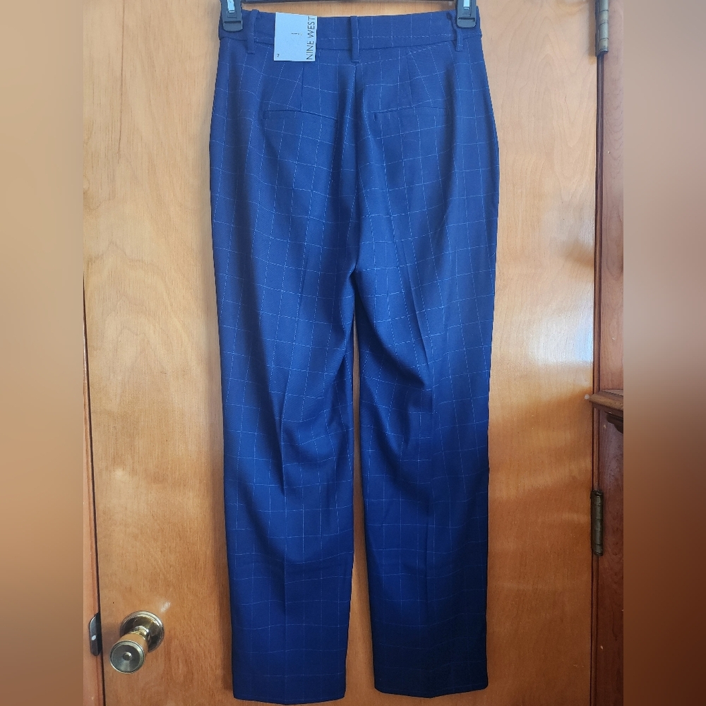 Nine West-Navy Checkered Pants Straight Leg High Rise Size 2 - Picture 3 of 15